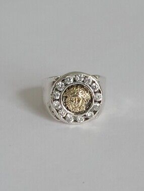 Vintage Men's Chunky Versace Stye Medusa Head Two Tone Gold Sterling Silver Ring